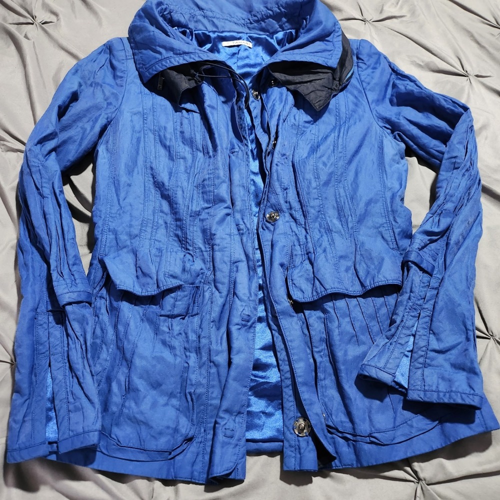 T Tahari Womens Royal Blue Pintuck Zip Hood Lightweight Jacket Size Small